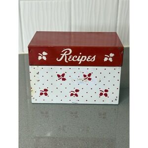 Vintage Metal Recipe Box Tin  MCM 1950's Red & White Polka Dots & Leafs 5.5"L ..